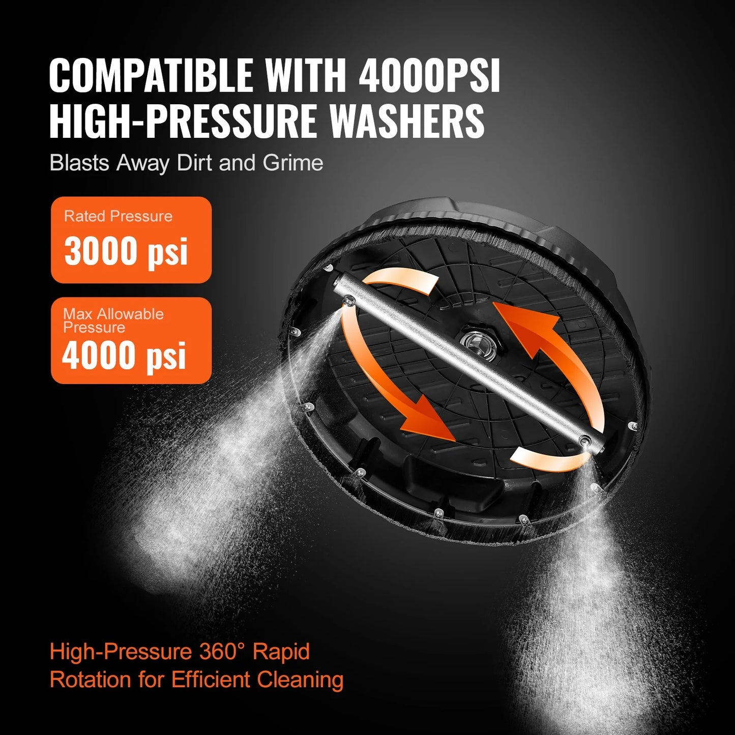 VEVOR Pressure Washer Surface Cleaner Universal 15, Pressure Washer Attachment 4000 Max PSI with 2 Extension Wand, 1/4 Quick-Connect Connector Power Concrete Cleaner, for Floor Driveway, Patio