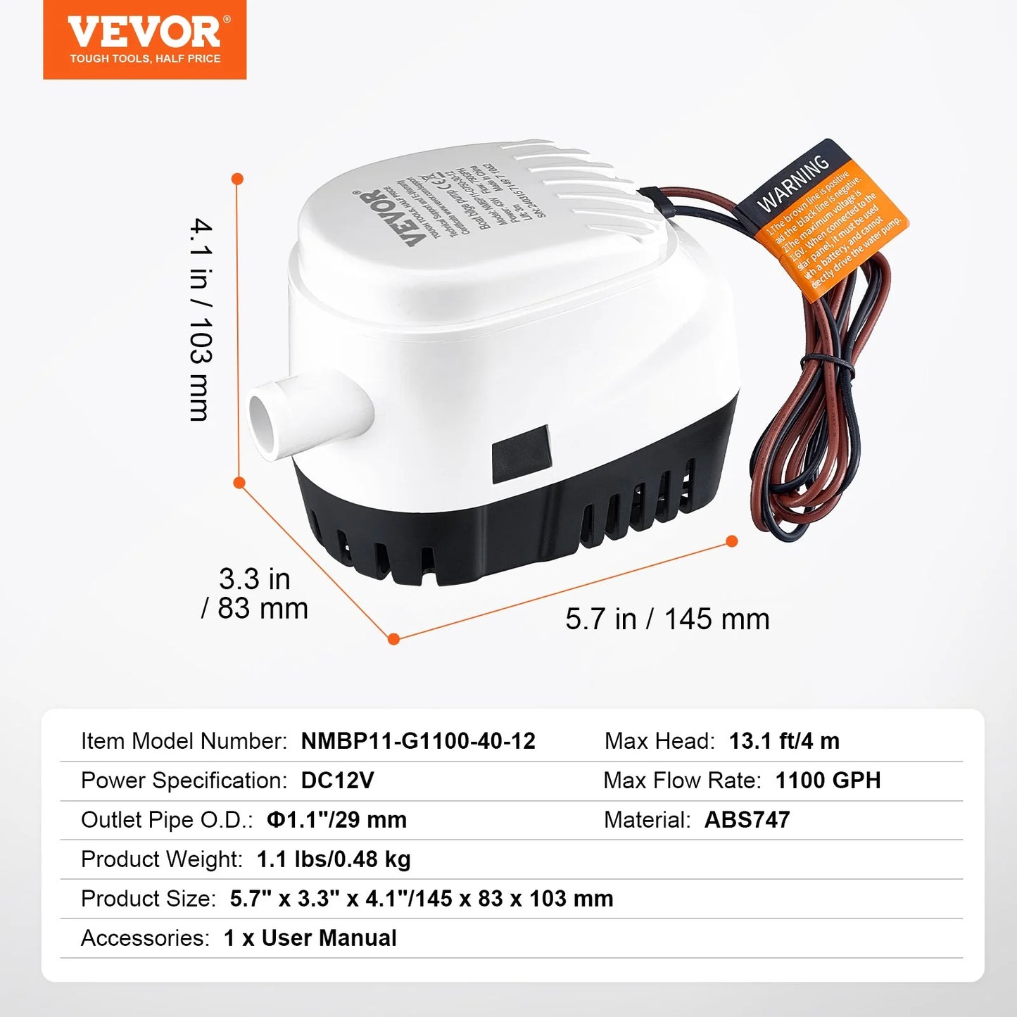 VEVOR Bilge Pump, 1100GPH 12V Automatic Submersible Boat Bilge Water Pump with Float Switch, 1.1 Outlet Diameter, Small Boat Bilge Pump, Marine Electric Bilge Pump for Boats, Ponds, Pools, Basements