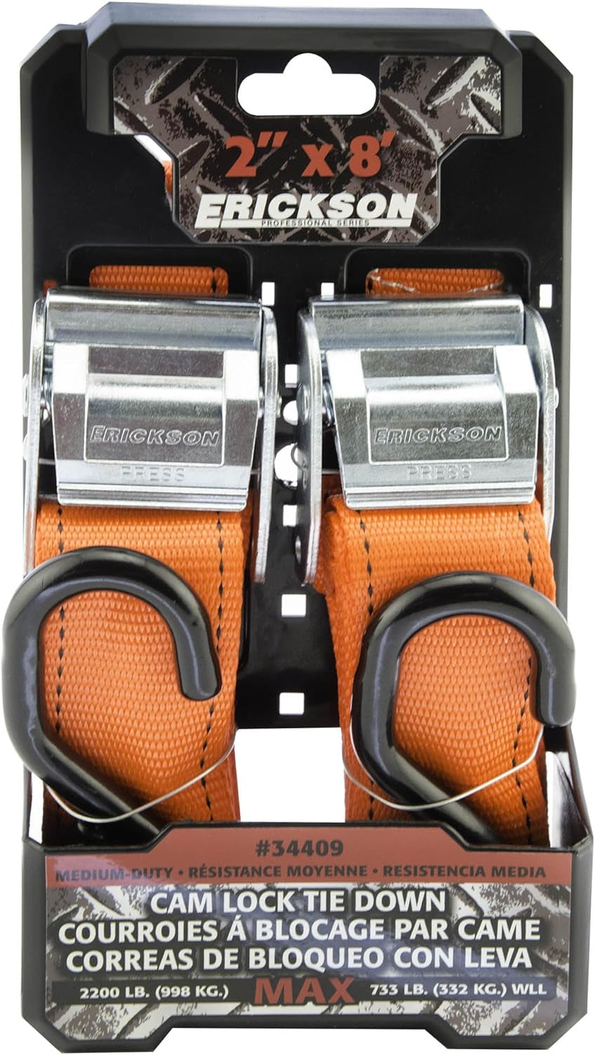 34409 Pro Series Orange 2" X 8' Cam Lock Buckle Tie-Down Strap, (Pack of 2)