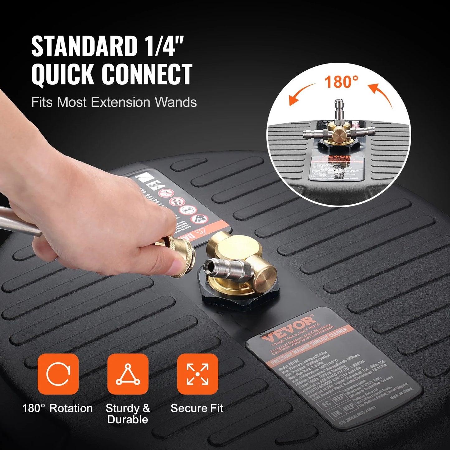 VEVOR Pressure Washer Surface Cleaner Universal 15, Pressure Washer Attachment 4000 Max PSI with 2 Extension Wand, 1/4 Quick-Connect Connector Power Concrete Cleaner, for Floor Driveway, Patio