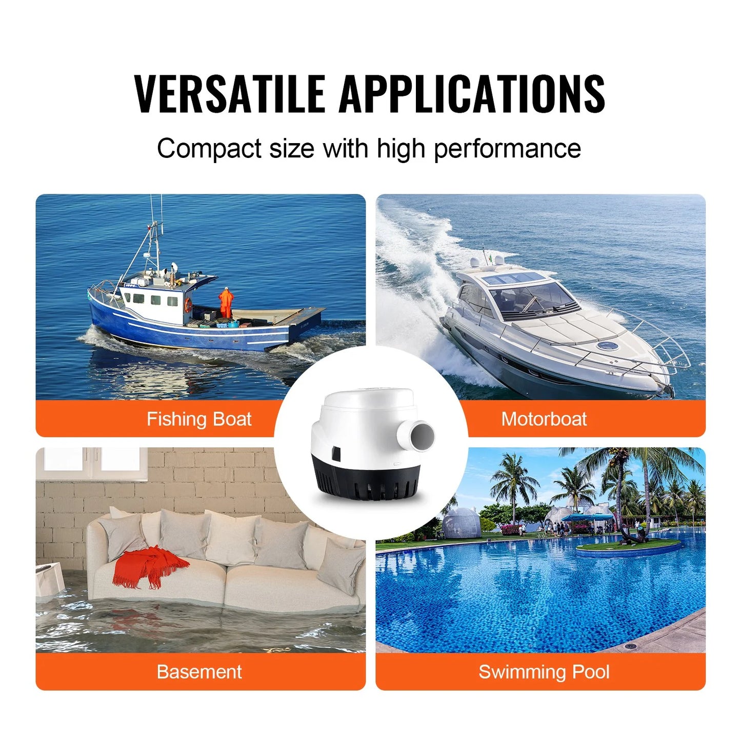 VEVOR Bilge Pump, 1100GPH 12V Automatic Submersible Boat Bilge Water Pump with Float Switch, 1.1 Outlet Diameter, Small Boat Bilge Pump, Marine Electric Bilge Pump for Boats, Ponds, Pools, Basements