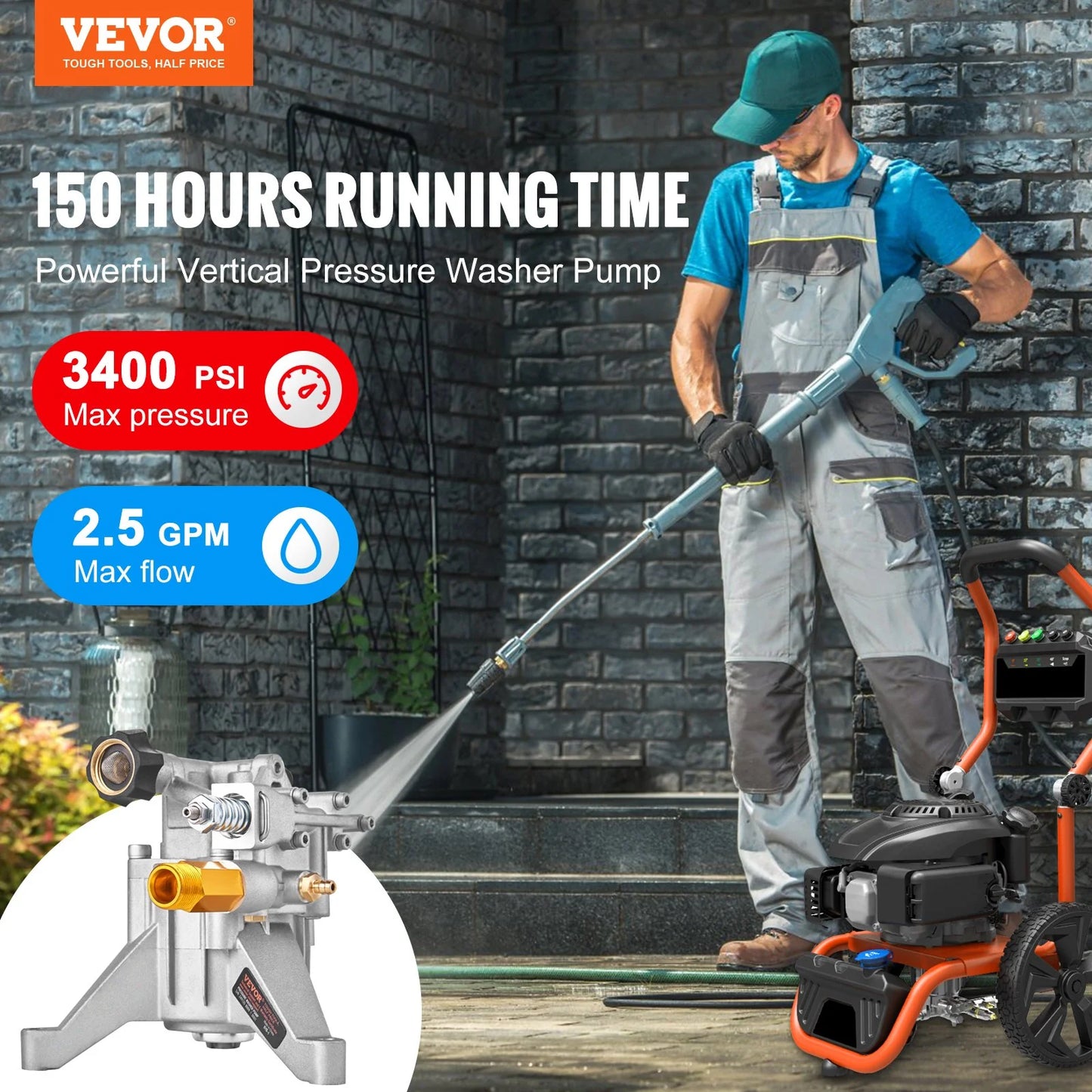 VEVOR Pressure Washer Pump, 7/8 Shaft Vertical, 3400 PSI, 2.5 GPM, Replacement Power Washer Pumps Kit, Parts Washer Pump, Compatible with Honda, Simpson, RYOBI, Briggs & Stratton, Subaru, Craftsman