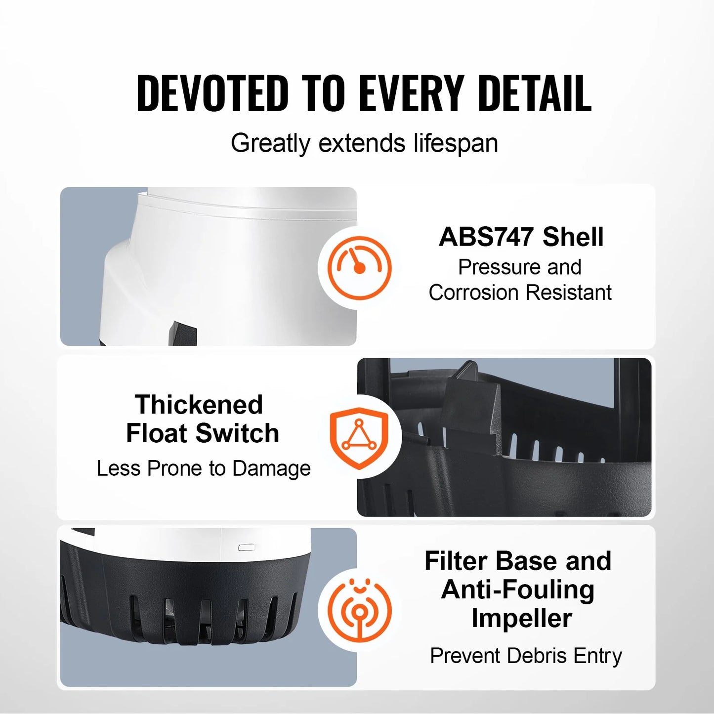 VEVOR Bilge Pump, 1100GPH 12V Automatic Submersible Boat Bilge Water Pump with Float Switch, 1.1 Outlet Diameter, Small Boat Bilge Pump, Marine Electric Bilge Pump for Boats, Ponds, Pools, Basements