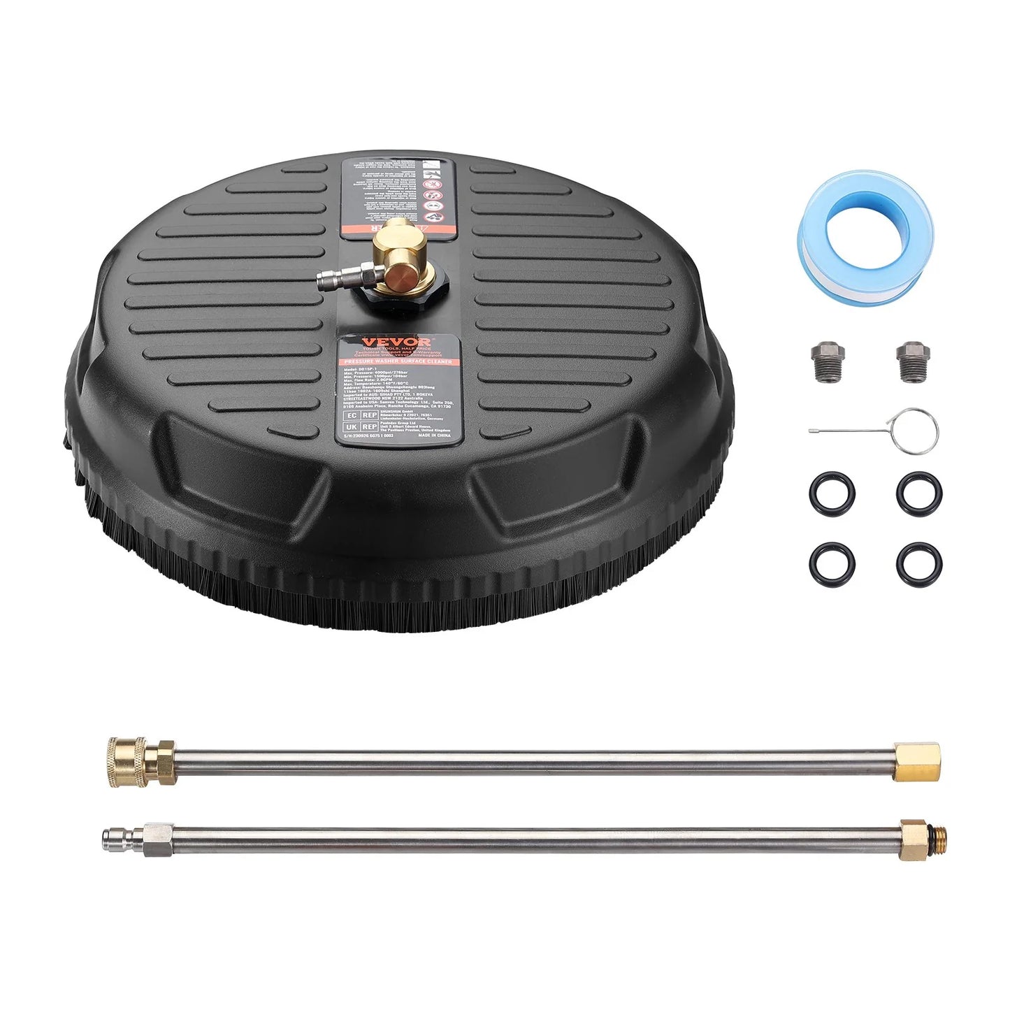 VEVOR Pressure Washer Surface Cleaner Universal 15, Pressure Washer Attachment 4000 Max PSI with 2 Extension Wand, 1/4 Quick-Connect Connector Power Concrete Cleaner, for Floor Driveway, Patio