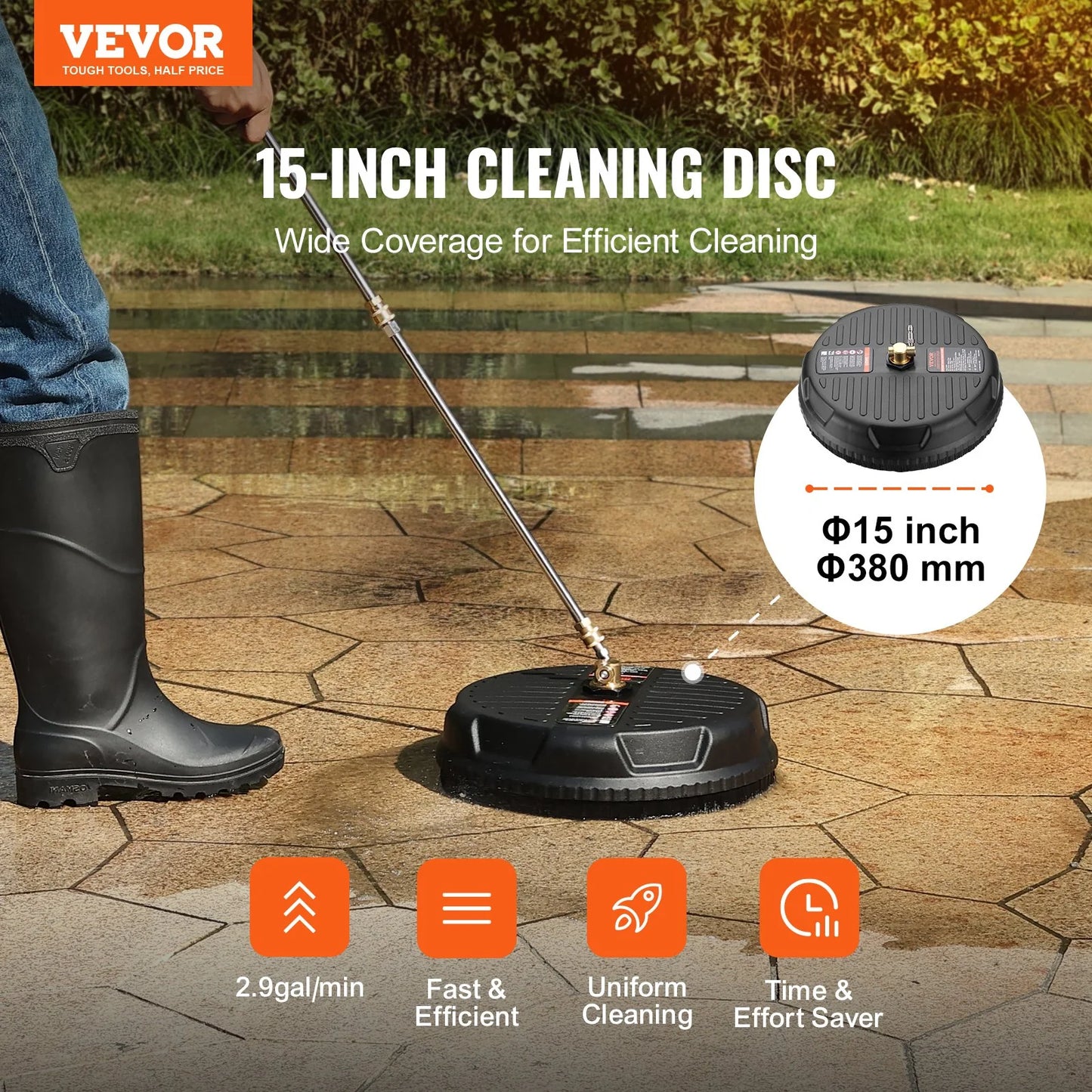 VEVOR Pressure Washer Surface Cleaner Universal 15, Pressure Washer Attachment 4000 Max PSI with 2 Extension Wand, 1/4 Quick-Connect Connector Power Concrete Cleaner, for Floor Driveway, Patio