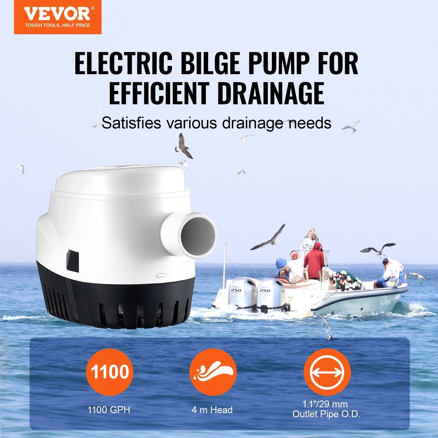 VEVOR Bilge Pump, 1100GPH 12V Automatic Submersible Boat Bilge Water Pump with Float Switch, 1.1 Outlet Diameter, Small Boat Bilge Pump, Marine Electric Bilge Pump for Boats, Ponds, Pools, Basements