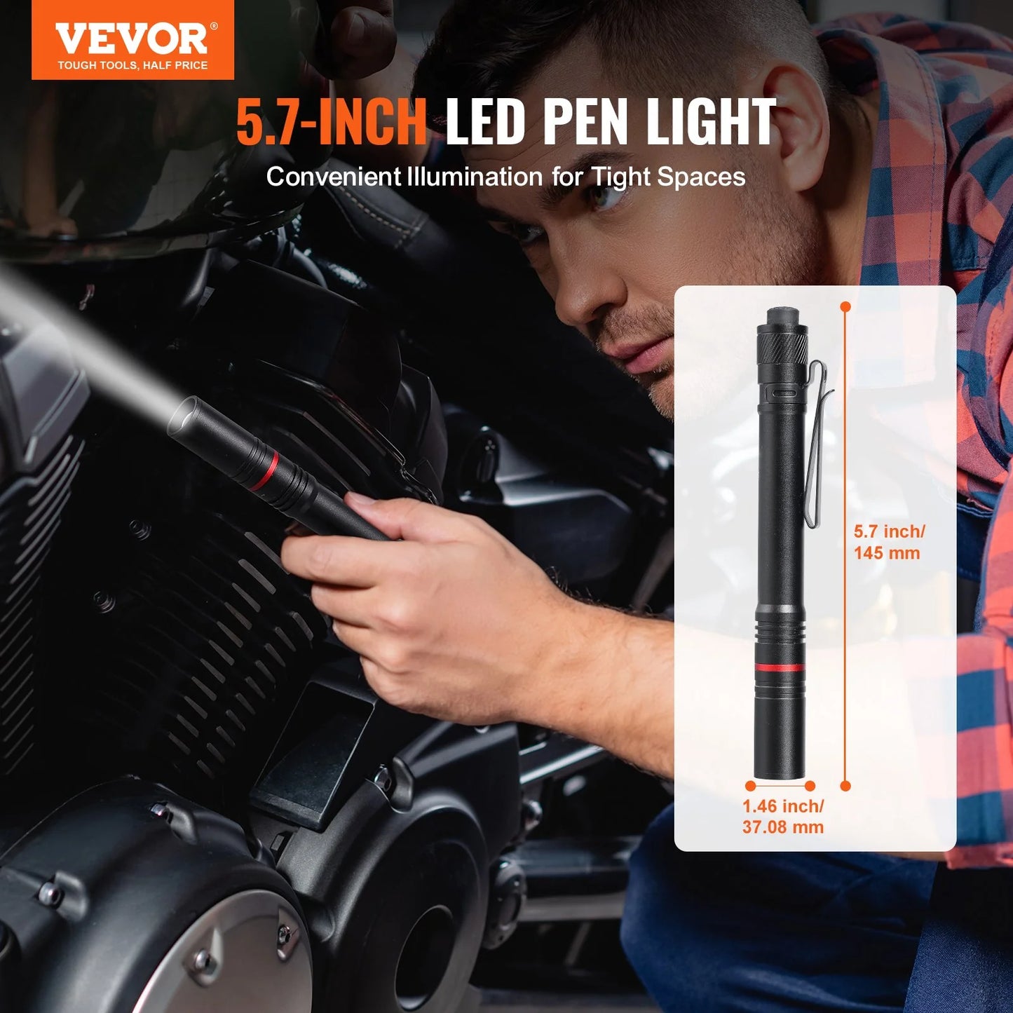 VEVOR 5.9 Inch Rechargeable Penlight 300 Lumens 3 Lighting Modes Pocket Penlight
