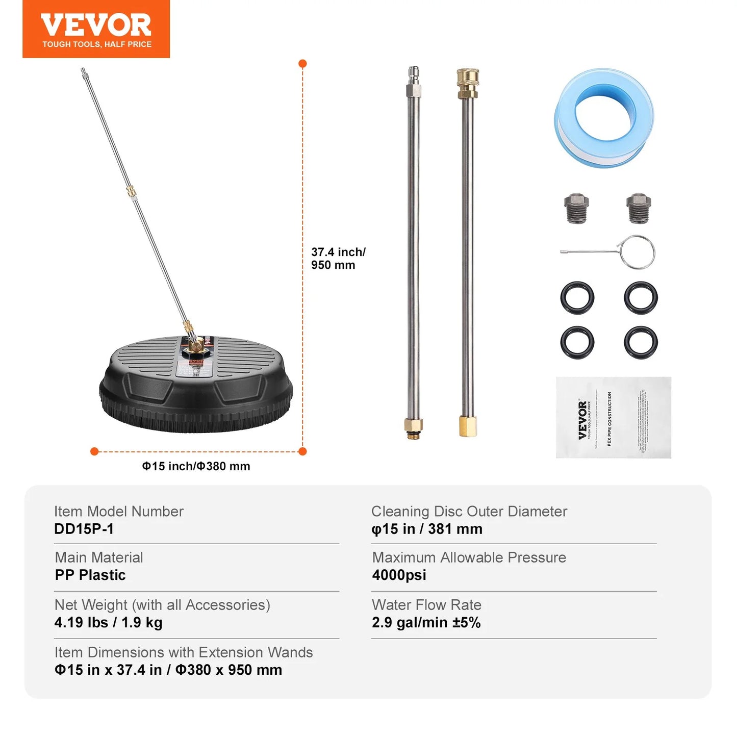 VEVOR Pressure Washer Surface Cleaner Universal 15, Pressure Washer Attachment 4000 Max PSI with 2 Extension Wand, 1/4 Quick-Connect Connector Power Concrete Cleaner, for Floor Driveway, Patio