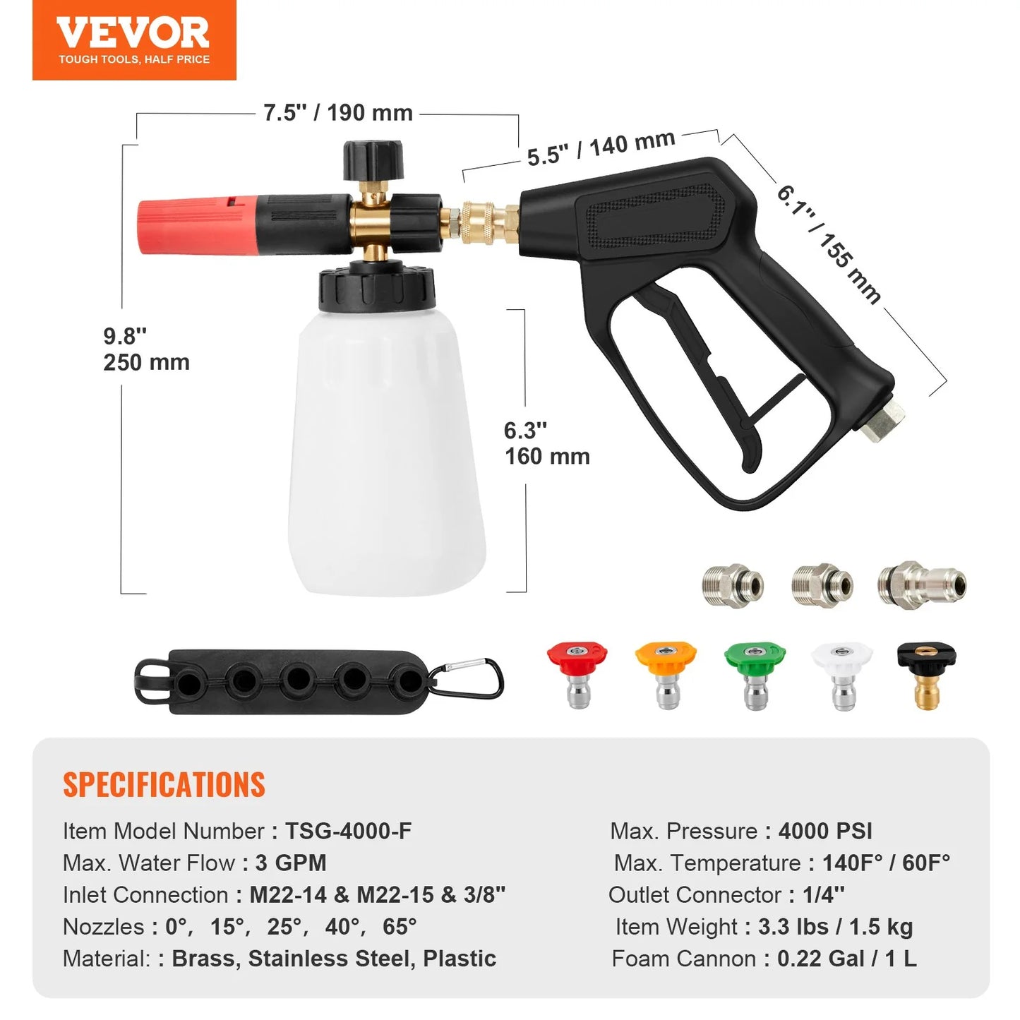 VEVOR Pressure Washer Gun Set, 0.22 Gal Foam Cannon, 4000 PSI Washer Spay Gun with 1/4 Inch Quick Connector & 5 Nozzle Tips, Pressure Washer Handle with M22-14 Mm & M22-15Mm & 3/8'' Inlet Connector