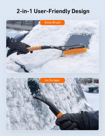27" Snow Brush and Ice Scrapers for Car Windshield, Detachable Snow Scrapers with Ergonomic Foam Grip for Cars, Trucks, Suvs (Heavy Duty ABS, PVC Brush, Orange)