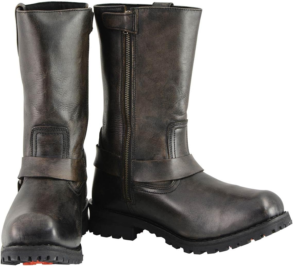 Men'S Distressed Brown Leather Wide Width 11-Inch Square Toe Harness Motorcycle Boots MBM9005W