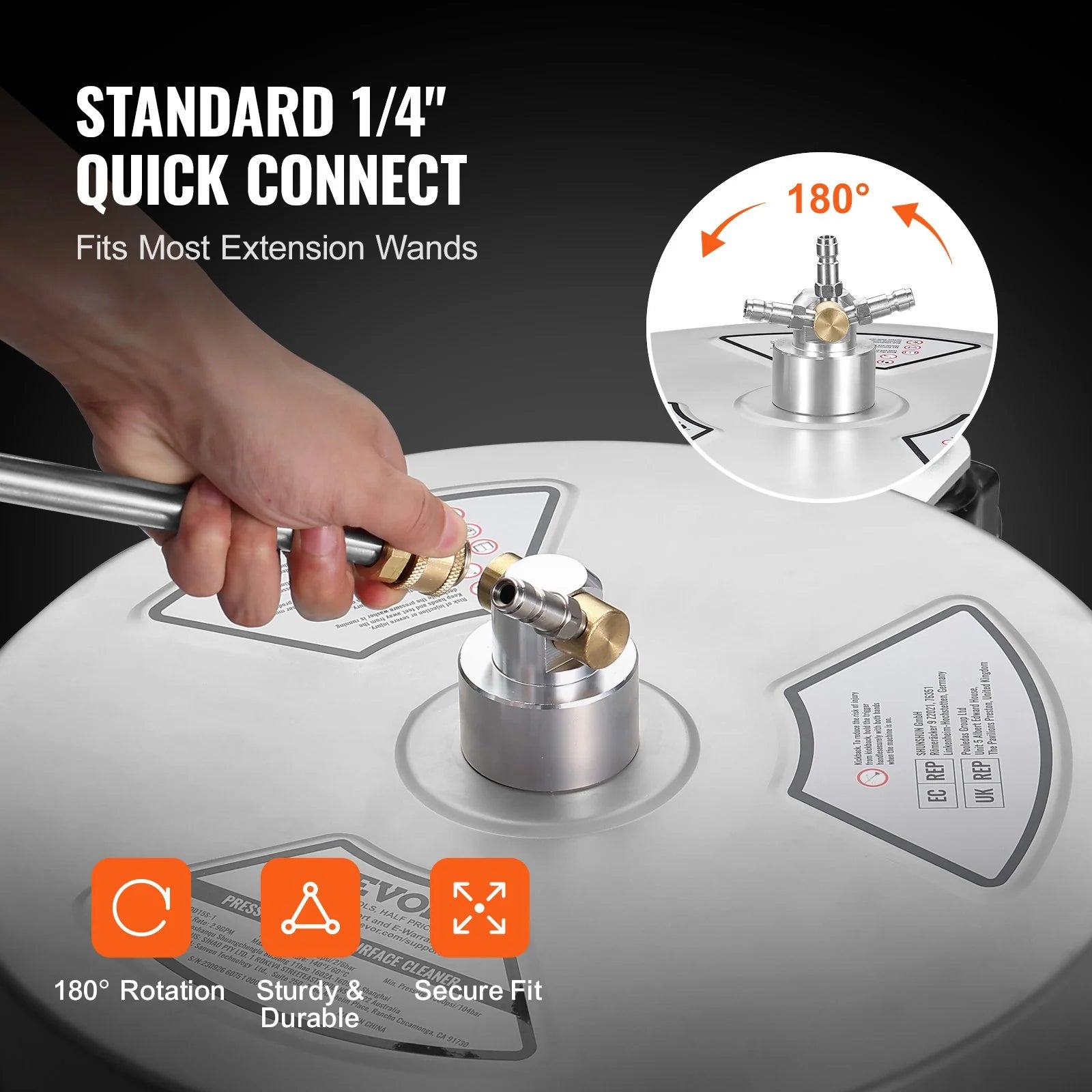 VEVOR 15 Pressure Washer Surface Cleaner W/ Wheels, Stainless Steel Concrete Cleaner 4000 Max PSI , 1/4 Quick-Connect Connector W/ 2 Extension Wand, Heavy Duty Power Washer for Floor Driveway, Patio