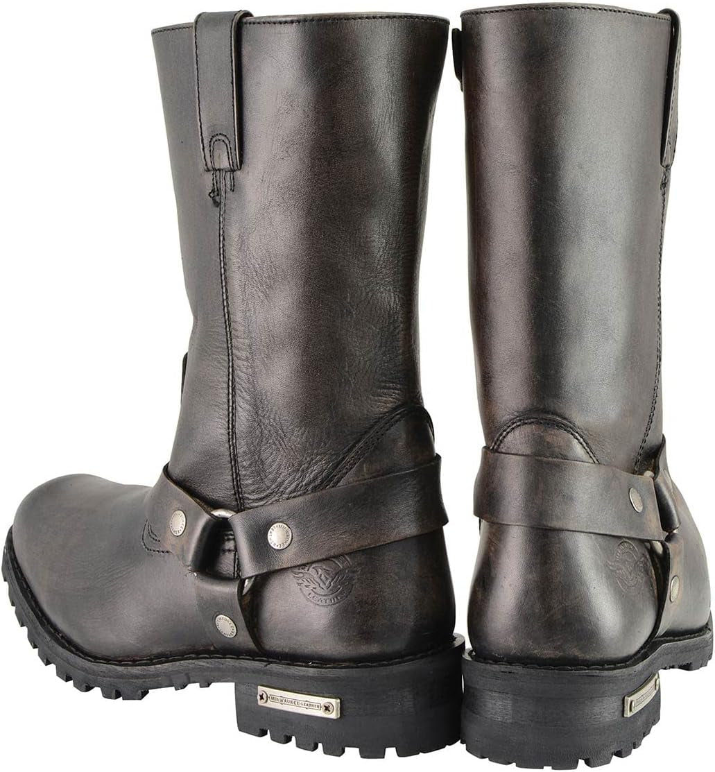 Men'S Distressed Brown Leather Wide Width 11-Inch Square Toe Harness Motorcycle Boots MBM9005W