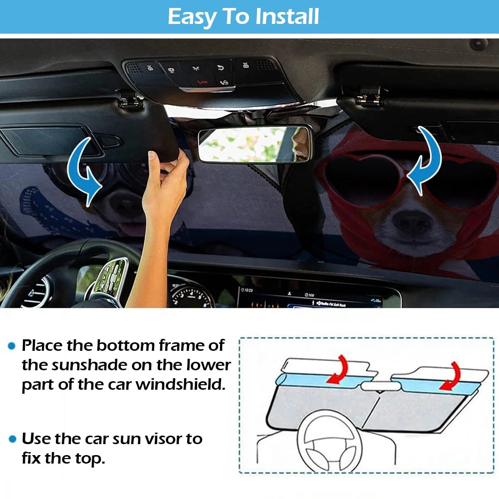 Auto Car Jumbo Sunshade Foldable Windshield Sun Shade Visor with Funny Dog Driving Pattern Design (59"X33") for Heat Block Wind Shield Screen UV Rays Full Protection, Trucks Suvs Vans