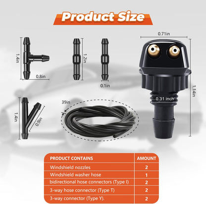 2Pcs Front Windshield Washer Nozzles, Front Windshield Washer Nozzle Kit and Fluid Hose, Windshield Washer Nozzles Wiper Spray Fit for Most Cars