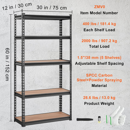 VEVOR Storage Shelving Unit, 5-Tier Adjustable, 2000 Lbs Capacity, Heavy Duty Garage Shelves Metal Organizer Utility Rack, Black, 30 L X 12 W X 60 H for Kitchen Pantry Basement Bathroom Laundry