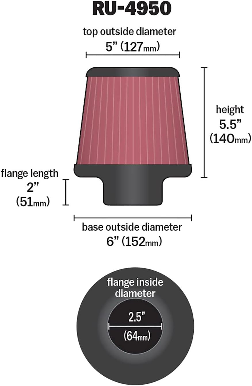 High-Flow Original Lifetime Universal Clamp-On Air Filter: High Performance, Premium, Washable: Flange Diameter: 2.5 In, Filter Height: 5.5 In, Flange Length: 2 In, Shape: round Tapered, RU-4950