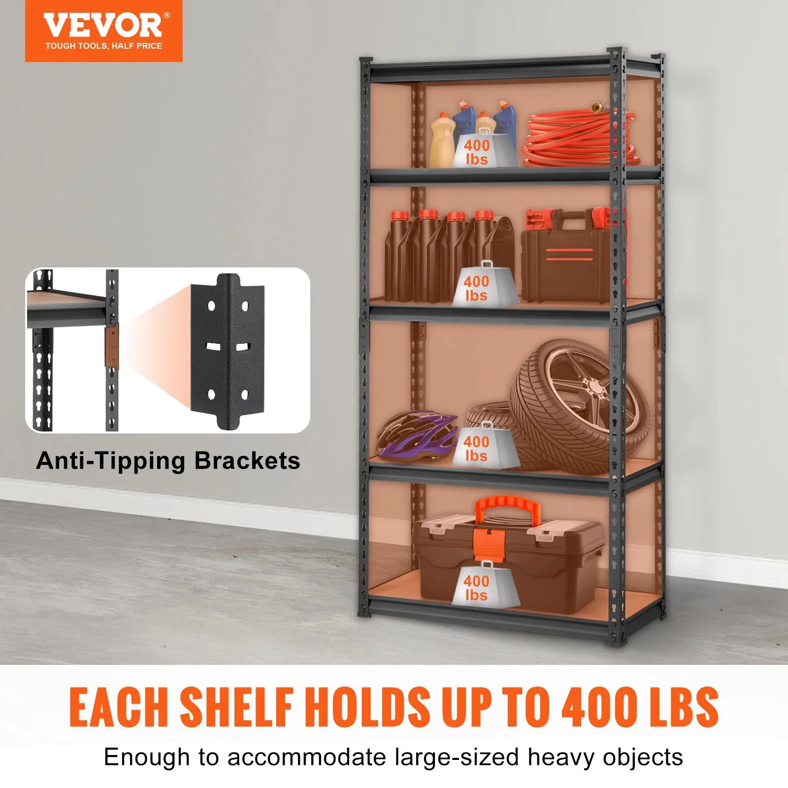 VEVOR Storage Shelving Unit, 5-Tier Adjustable, 2000 Lbs Capacity, Heavy Duty Garage Shelves Metal Organizer Utility Rack, Black, 30 L X 12 W X 60 H for Kitchen Pantry Basement Bathroom Laundry