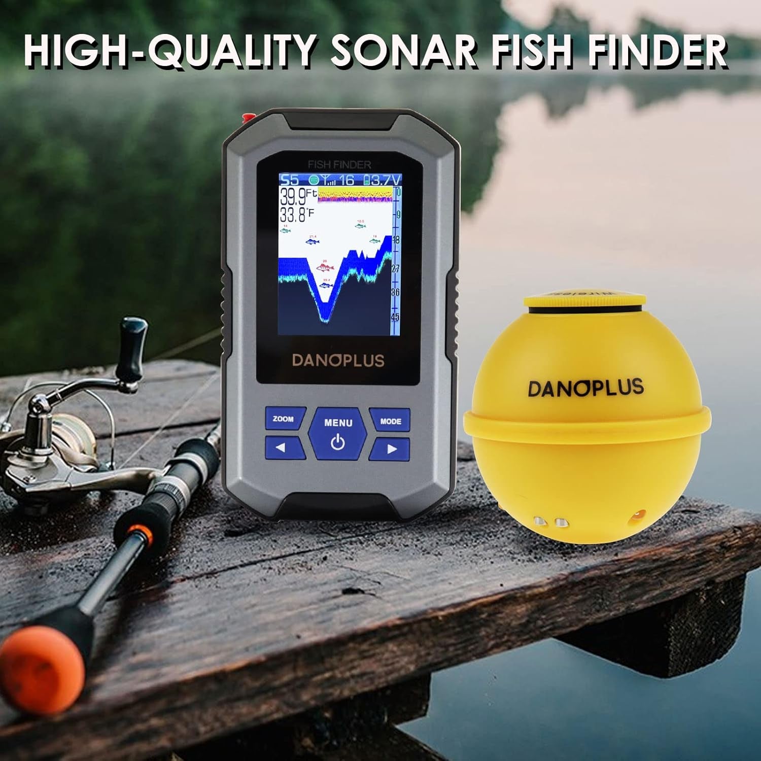 Portable Fish Finder Large HD Display Wireless Fish Finder, Fish Finders & Depth Finders for Boats with 147 Feet Depth Detection Sensor, Rechargeable Castable Fish Finder Display Fish, Temp, Depth