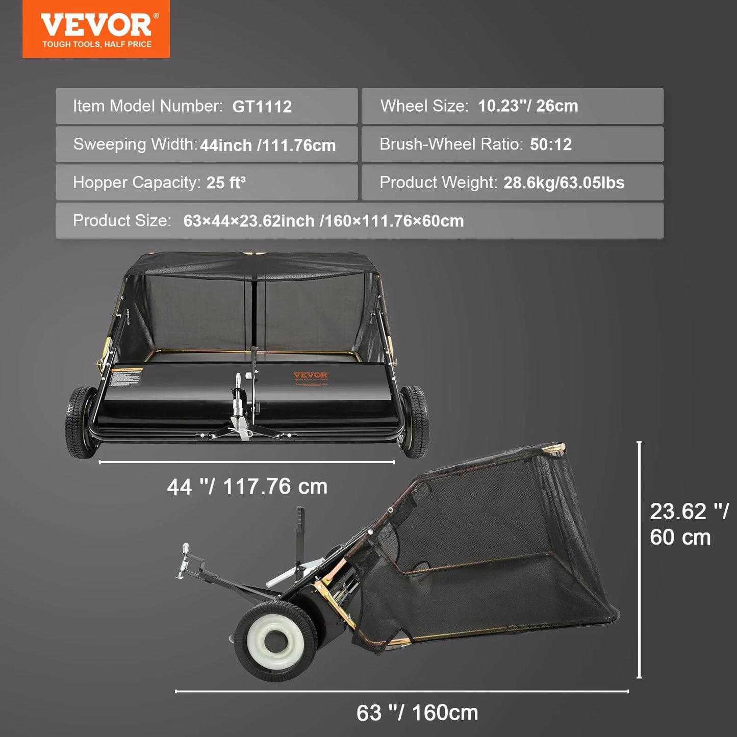 Lawn Sweeper Tow behind Leaf Yard Collector 42.5 25 Cu. Ft. Adjustable