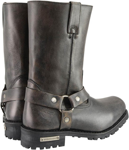 Men'S Distressed Brown Leather Wide Width 11-Inch Square Toe Harness Motorcycle Boots MBM9005W
