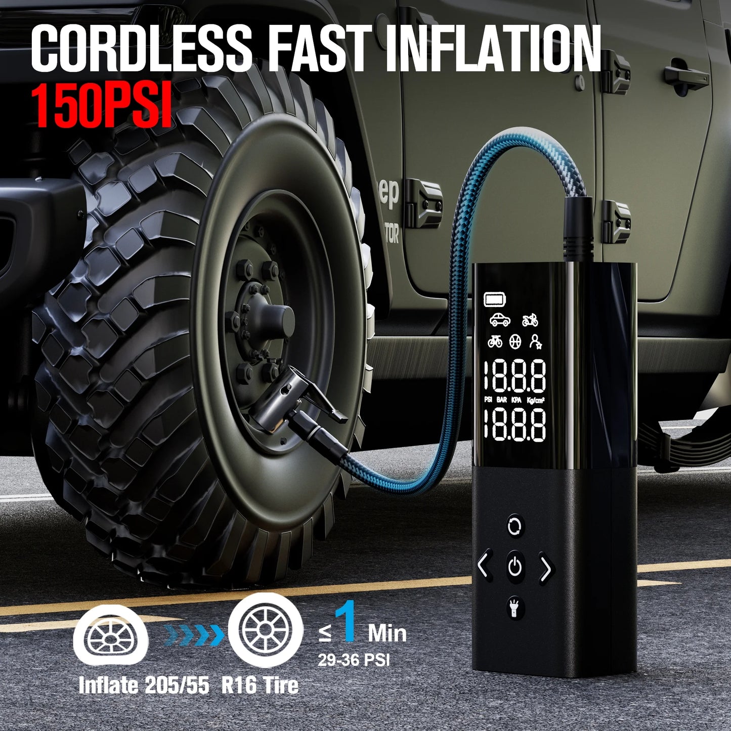 AP150 Tire Inflator Portable Air Compressor, 150 PSI Cordless Tire Pump with Digital Pressure Gauge, LED Light, Auto-Shutoff for Cars Bikes Motorcycles Balls