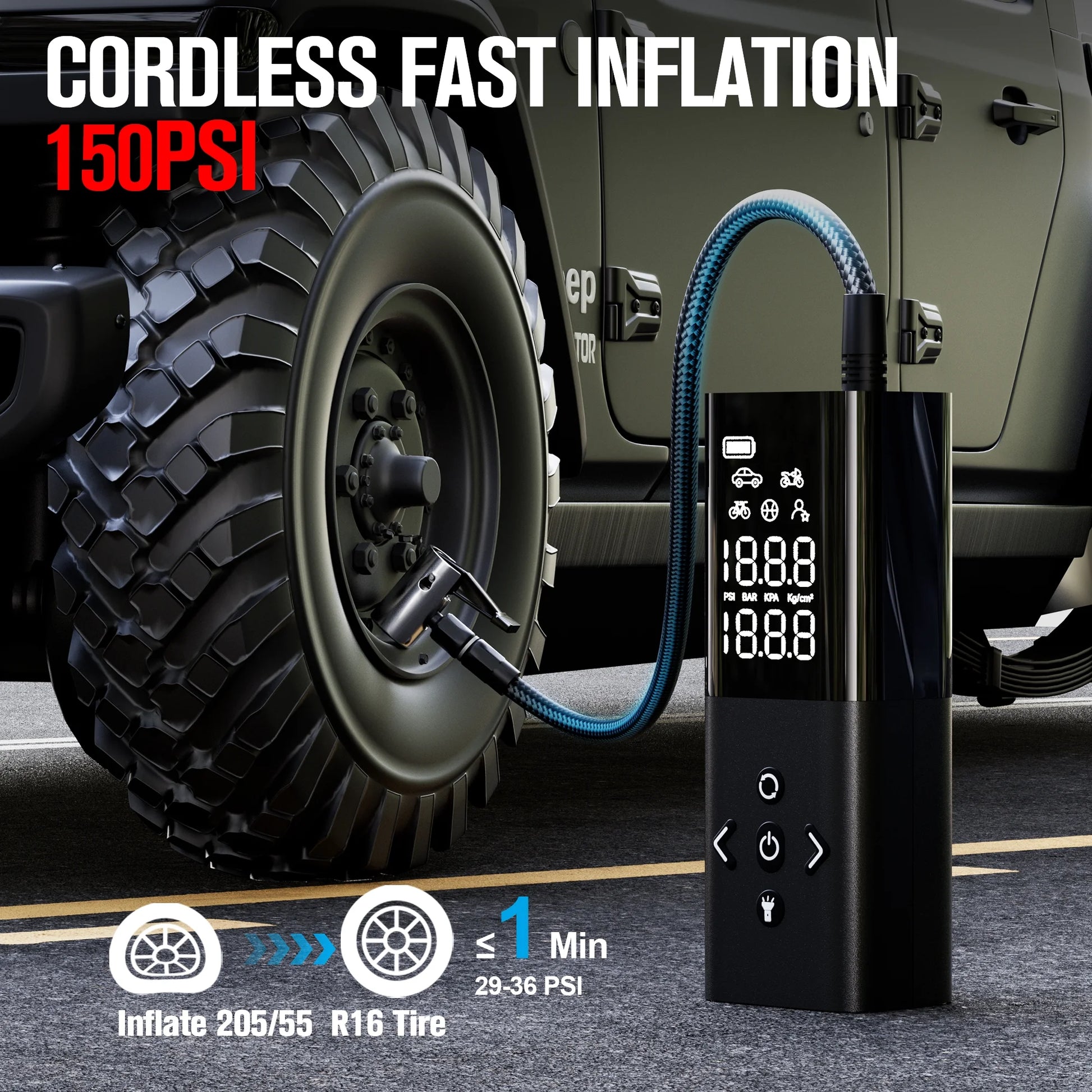 AP150 Tire Inflator Portable Air Compressor, 150 PSI Cordless Tire Pump with Digital Pressure Gauge, LED Light, Auto-Shutoff for Cars Bikes Motorcycles Balls