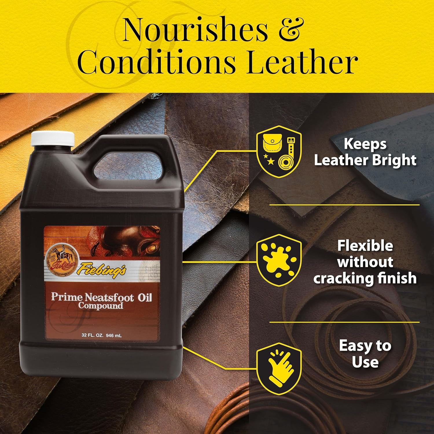 Prime Neatsfoot Oil 32 Fl Oz - Leather Conditioner & Preservative with Synthetic & Natural Animal Oil - Waterproof, Soften, Restore & Strengthen Leathercraft Shoe, Boot, Saddle, Couch, Purse