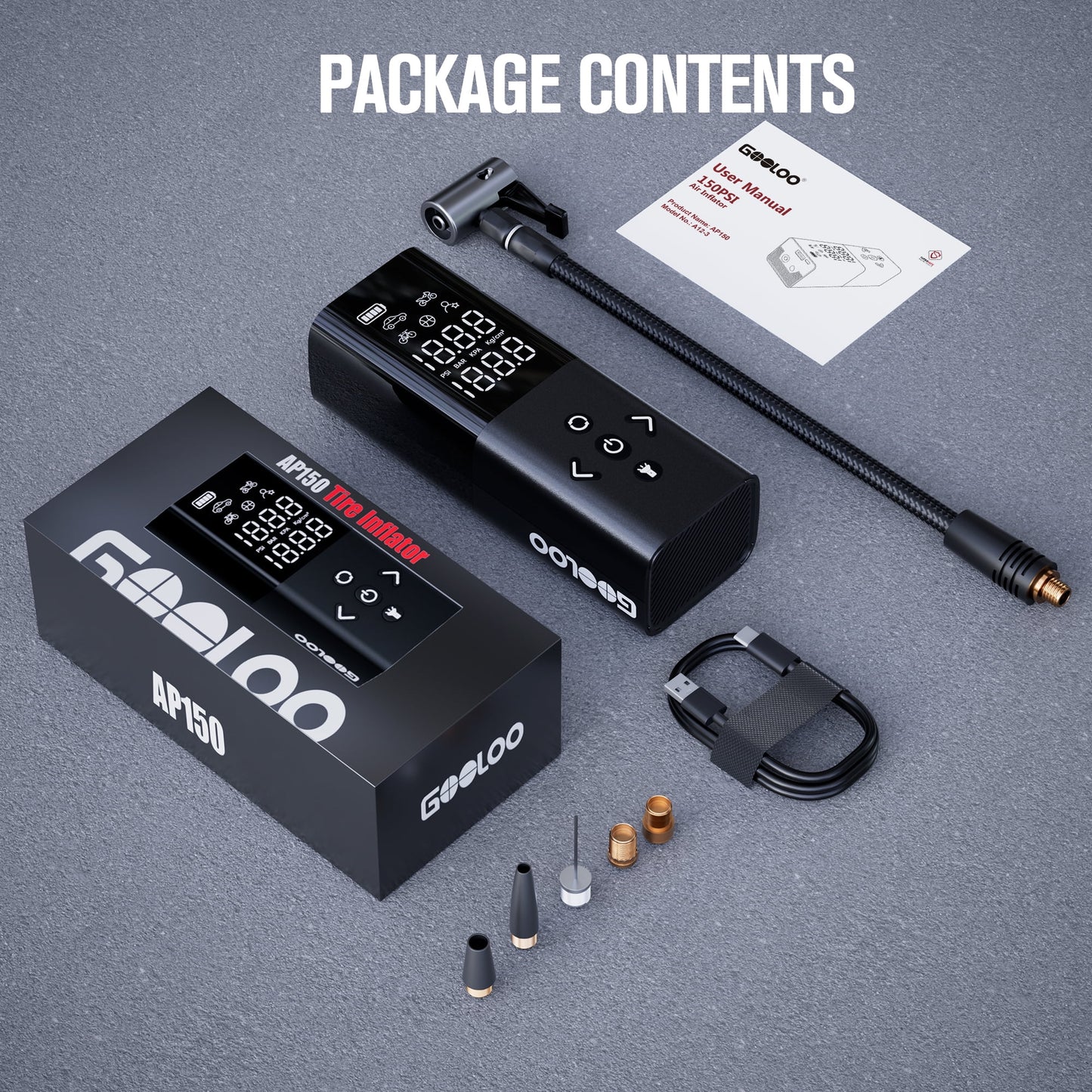 AP150 Tire Inflator Portable Air Compressor, 150 PSI Cordless Tire Pump with Digital Pressure Gauge, LED Light, Auto-Shutoff for Cars Bikes Motorcycles Balls