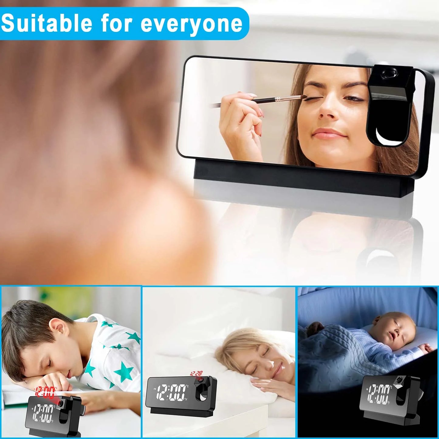 Digital Alarm Clock,Digital Projection Alarm Clock for Bedroom, Large LED Digital Clock with 180° Projector for Bedrooms with USB Charger Port, Loud Electric Alarm Clock for Kids, Adults, Elders