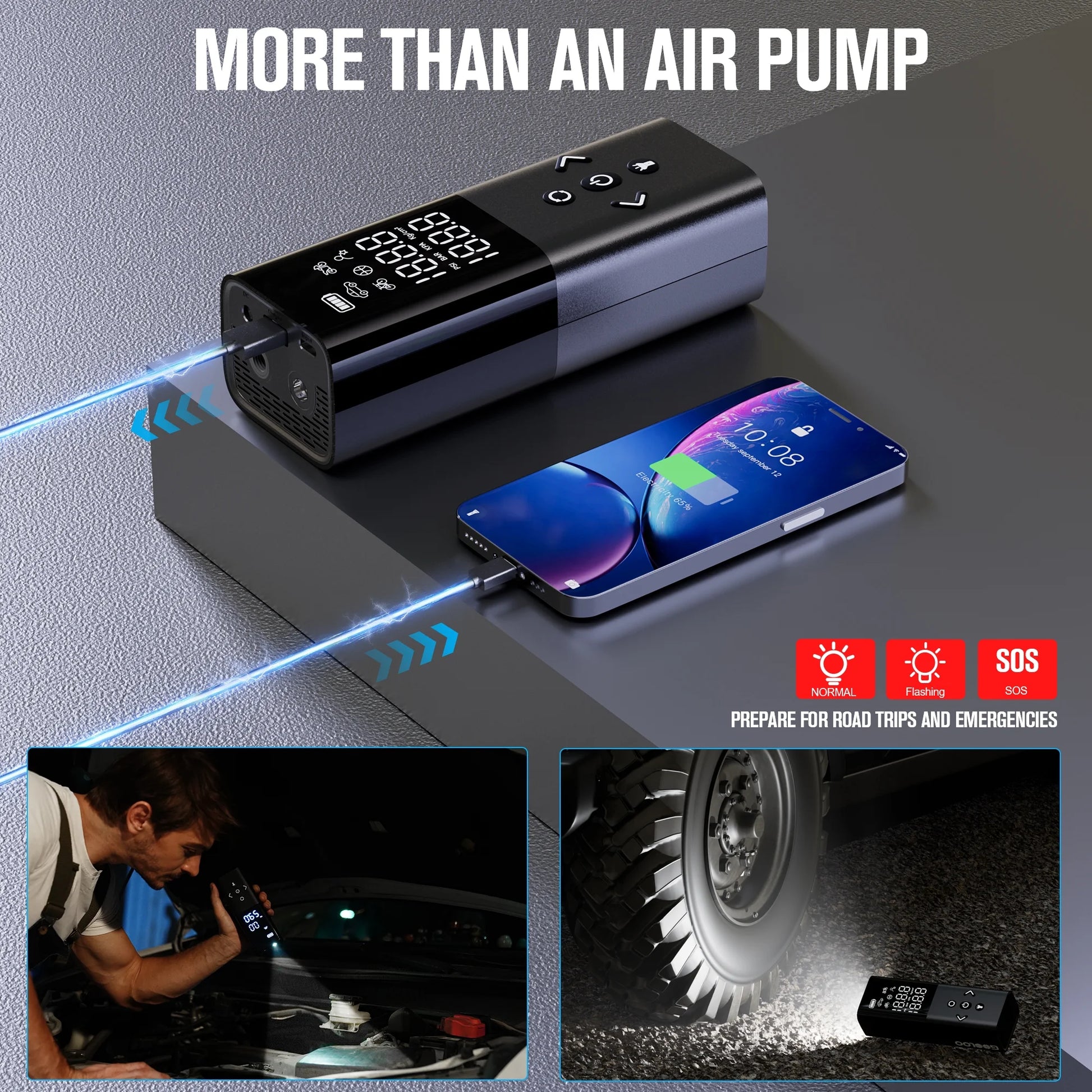 AP150 Tire Inflator Portable Air Compressor, 150 PSI Cordless Tire Pump with Digital Pressure Gauge, LED Light, Auto-Shutoff for Cars Bikes Motorcycles Balls