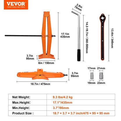 VEVOR Scissor Jack, 2.5 Ton/5512 Lbs Scissor Car Jack, 3.7-17.1 Lifting Range Scissor Lift Jack with Ratcheting Handle and L-Wrench, Portable Tire Jack for Cars Trucks Sedans Mpvs