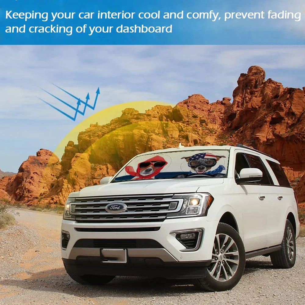 Auto Car Jumbo Sunshade Foldable Windshield Sun Shade Visor with Funny Dog Driving Pattern Design (59"X33") for Heat Block Wind Shield Screen UV Rays Full Protection, Trucks Suvs Vans