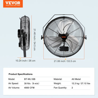 VEVOR Wall Mount Fan, 2 PCS 18 Inch Waterproof, 3-Speed High Velocity Max. 4000 CFM Industrial Wall Fan for Indoor, Commercial, Residential, Warehouse, Greenhouse, Workshop, Basement, Garage,Black