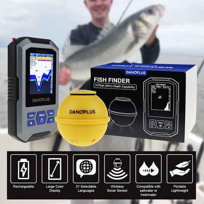 Portable Fish Finder Large HD Display Wireless Fish Finder, Fish Finders & Depth Finders for Boats with 147 Feet Depth Detection Sensor, Rechargeable Castable Fish Finder Display Fish, Temp, Depth
