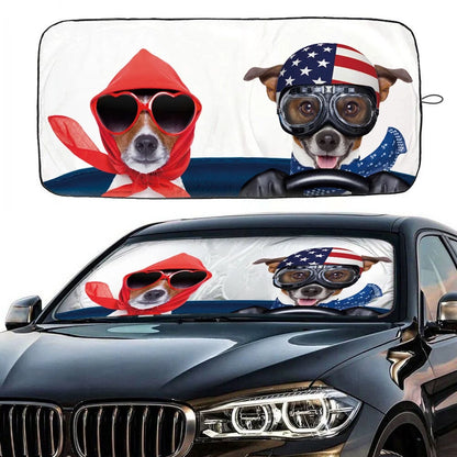 Auto Car Jumbo Sunshade Foldable Windshield Sun Shade Visor with Funny Dog Driving Pattern Design (59"X33") for Heat Block Wind Shield Screen UV Rays Full Protection, Trucks Suvs Vans