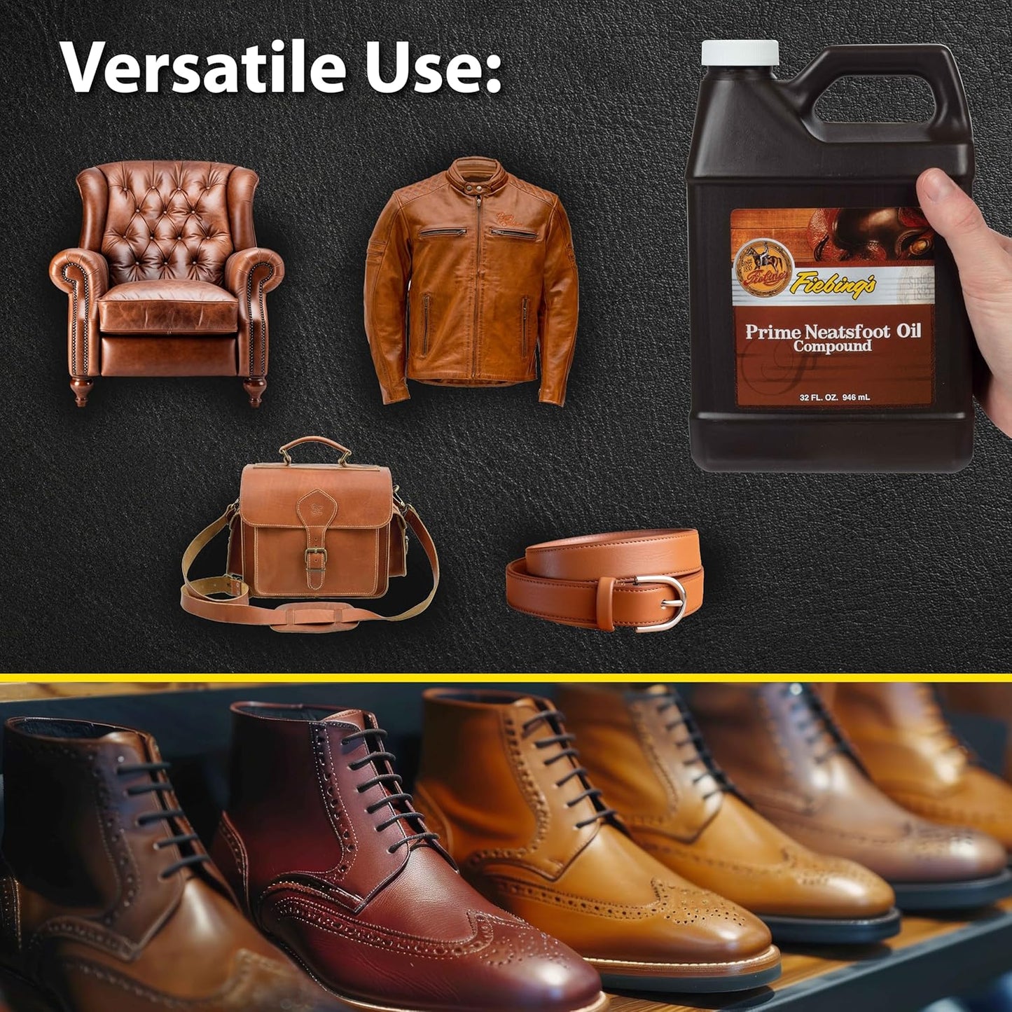 Prime Neatsfoot Oil 32 Fl Oz - Leather Conditioner & Preservative with Synthetic & Natural Animal Oil - Waterproof, Soften, Restore & Strengthen Leathercraft Shoe, Boot, Saddle, Couch, Purse