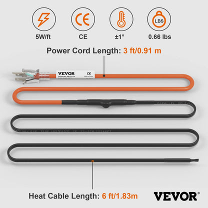 VEVOR Self-Regulating Pipe Heating Cable, 6-Feet 5W/Ft Heat Tape for Pipes Freeze Protection, Protects PVC Hose, Metal and Plastic Pipe from Freezing, 120V