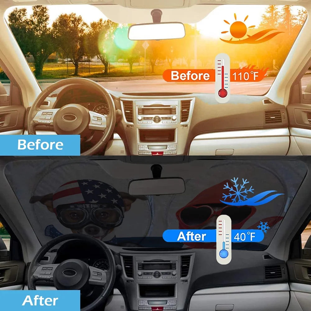 Auto Car Jumbo Sunshade Foldable Windshield Sun Shade Visor with Funny Dog Driving Pattern Design (59"X33") for Heat Block Wind Shield Screen UV Rays Full Protection, Trucks Suvs Vans