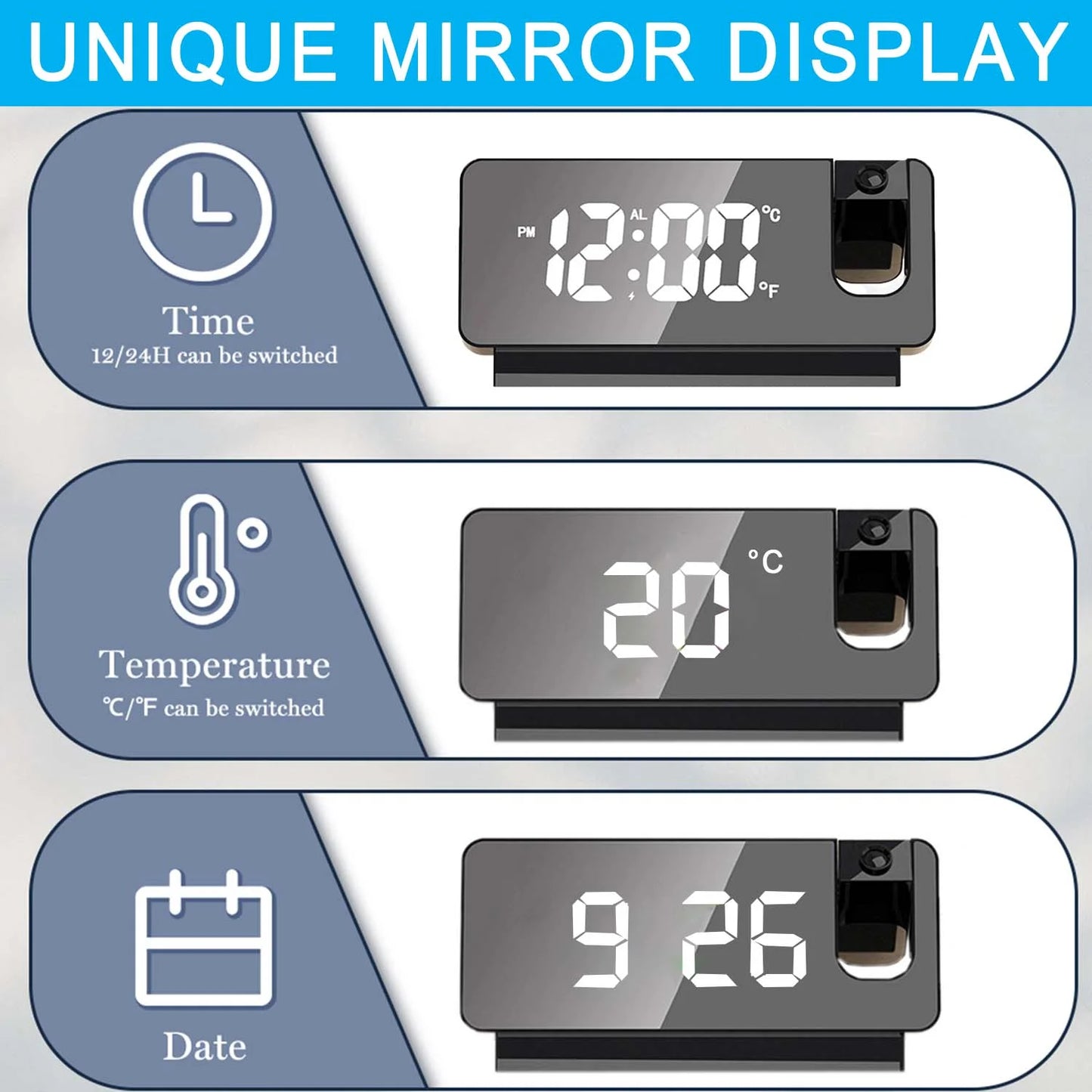 Digital Alarm Clock,Digital Projection Alarm Clock for Bedroom, Large LED Digital Clock with 180° Projector for Bedrooms with USB Charger Port, Loud Electric Alarm Clock for Kids, Adults, Elders