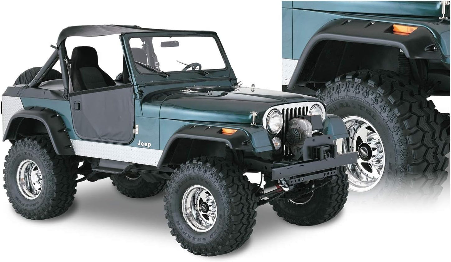 Jeep Cutout Pocket/Rivet Style Front & Rear Fender Flares | 4-Piece Set, Black, Textured Finish | 10910-07 | Fits 1956-1986 Jeep CJ5, CJ5A, CJ6, CJ6A, CJ7, Willys