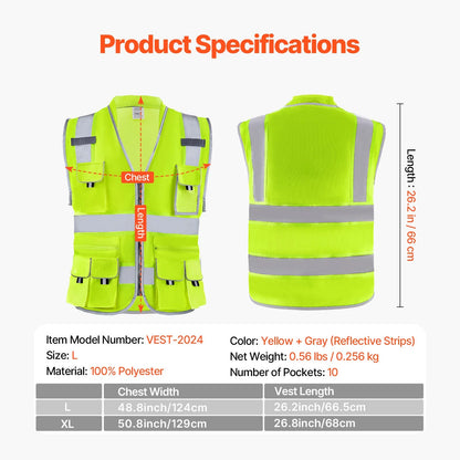 Safety Vest Reflective Yellow Work Vest with 10 Pockets for Men & Women