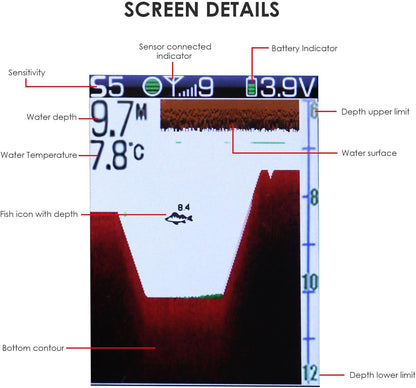 Portable Fish Finder Large HD Display Wireless Fish Finder, Fish Finders & Depth Finders for Boats with 147 Feet Depth Detection Sensor, Rechargeable Castable Fish Finder Display Fish, Temp, Depth