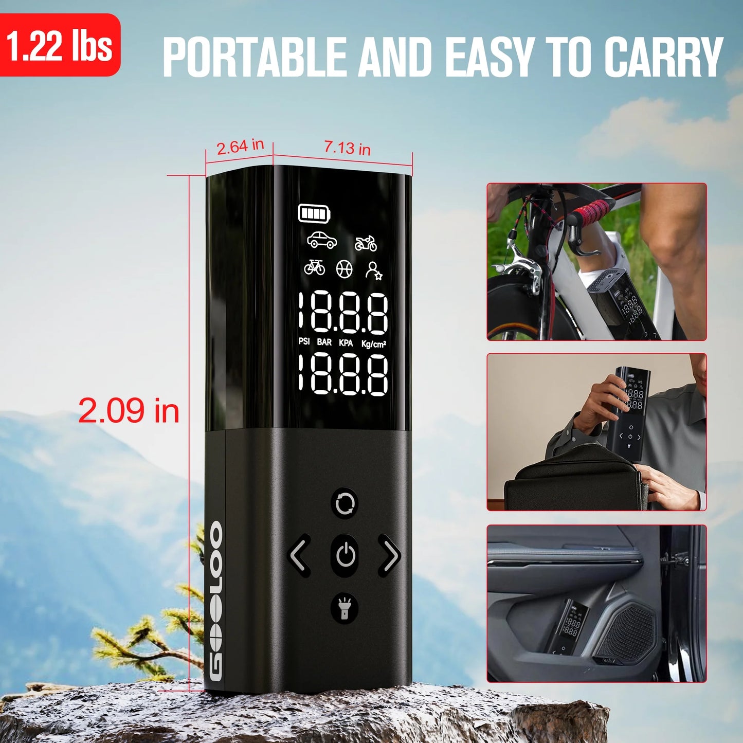 AP150 Tire Inflator Portable Air Compressor, 150 PSI Cordless Tire Pump with Digital Pressure Gauge, LED Light, Auto-Shutoff for Cars Bikes Motorcycles Balls